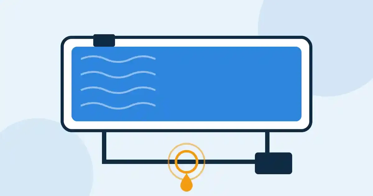 Illustration d'une piscine vue de dessus avec sa canalisation enterrée et un point de fuite localisé